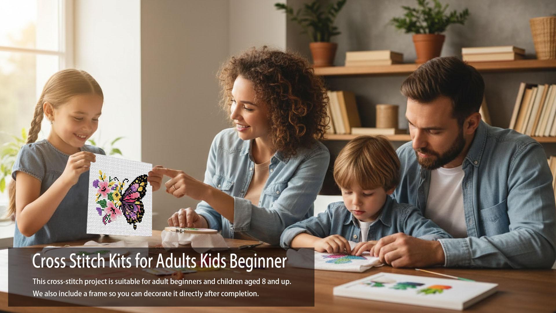 Cross Stitch Kits for Adults Beginners,Butterfly Flower Stamped Cross Stitch Kits with Framed,Embroidery Kit for Beginners,Partial 11CT Cross-Stitch Arts and Crafts for Adults 7x7inch