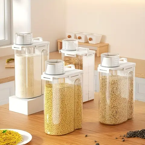 GHQ 4-Pc 2.5L Airtight Anti-Leak Dustproof Food Storage Canisters - Includes Measuring Cup, Pour Spout, Dispenser - Kitchen Accessories for Effortless Measuring & Household Organization