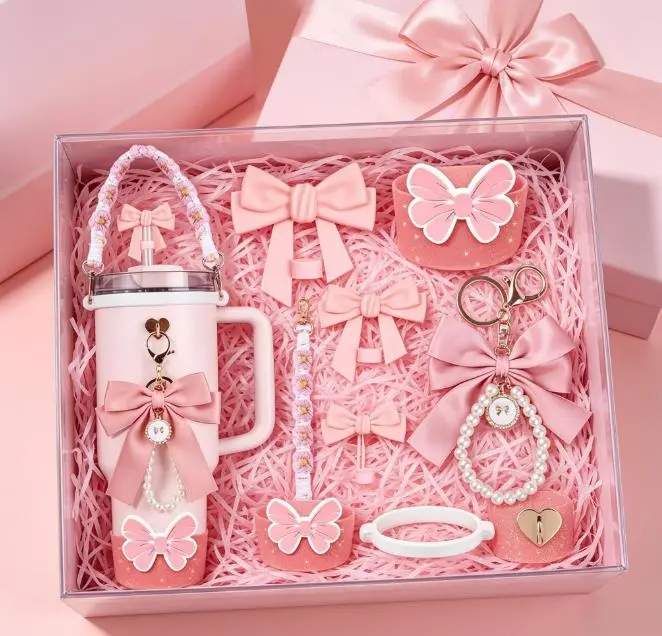 Cute Bow Cup Accessories Set for 30oz-40oz Cups - Lightweight Metal Portable Holder, Pink Handle Strap, Straw Topper, Silicone Boot, Pearl Charm