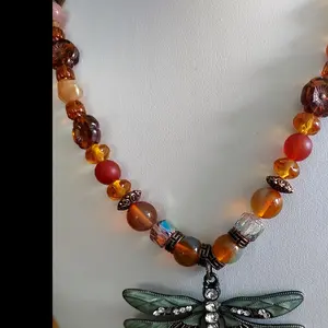 Dragonfly with Amber Colored Beads Necklace Featuring Green Dragonfly Pendant and Multicolor Beads for Stylish Accessory