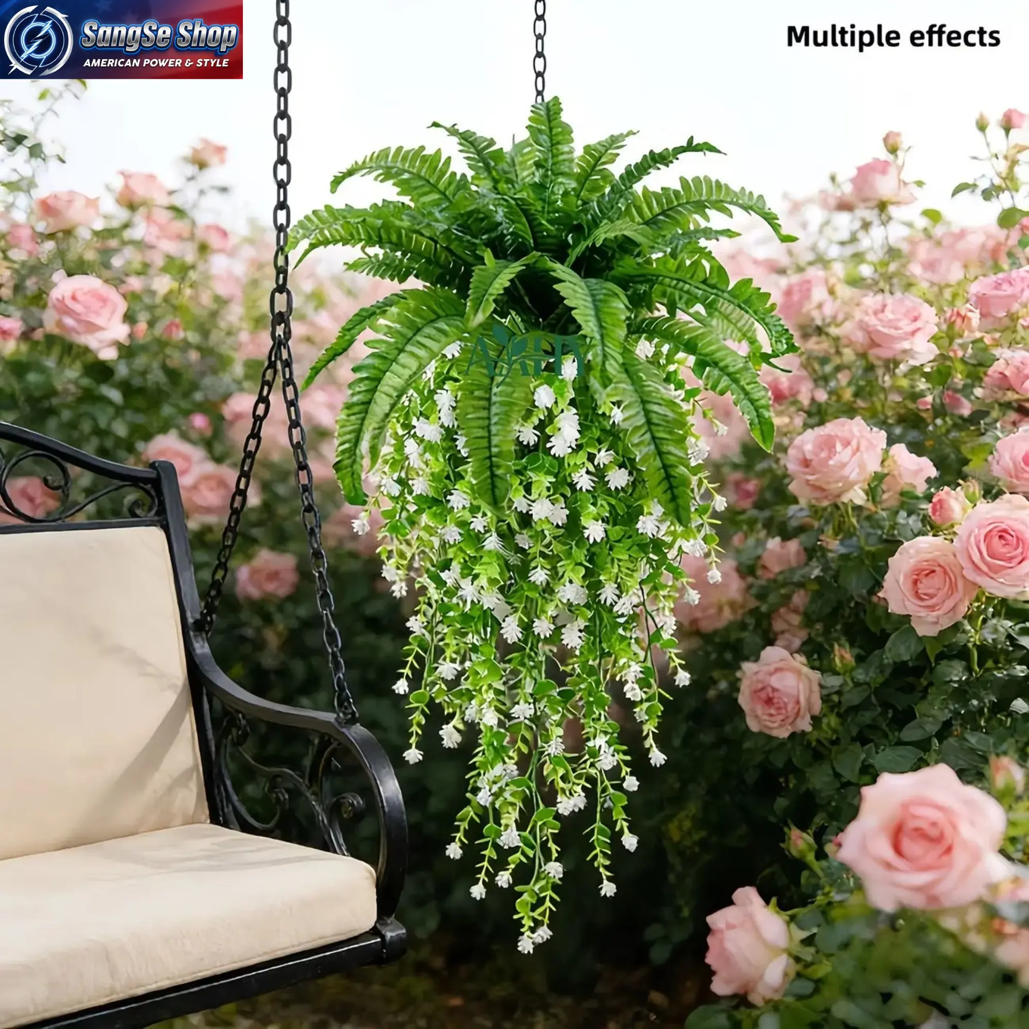 3/6-Piece Artificial Hanging Plant Set with Boston Fern & Camellia, Plastic Greenery Mix for Outdoor Patio Decor, No-Maintenance Faux Floral Arrangement