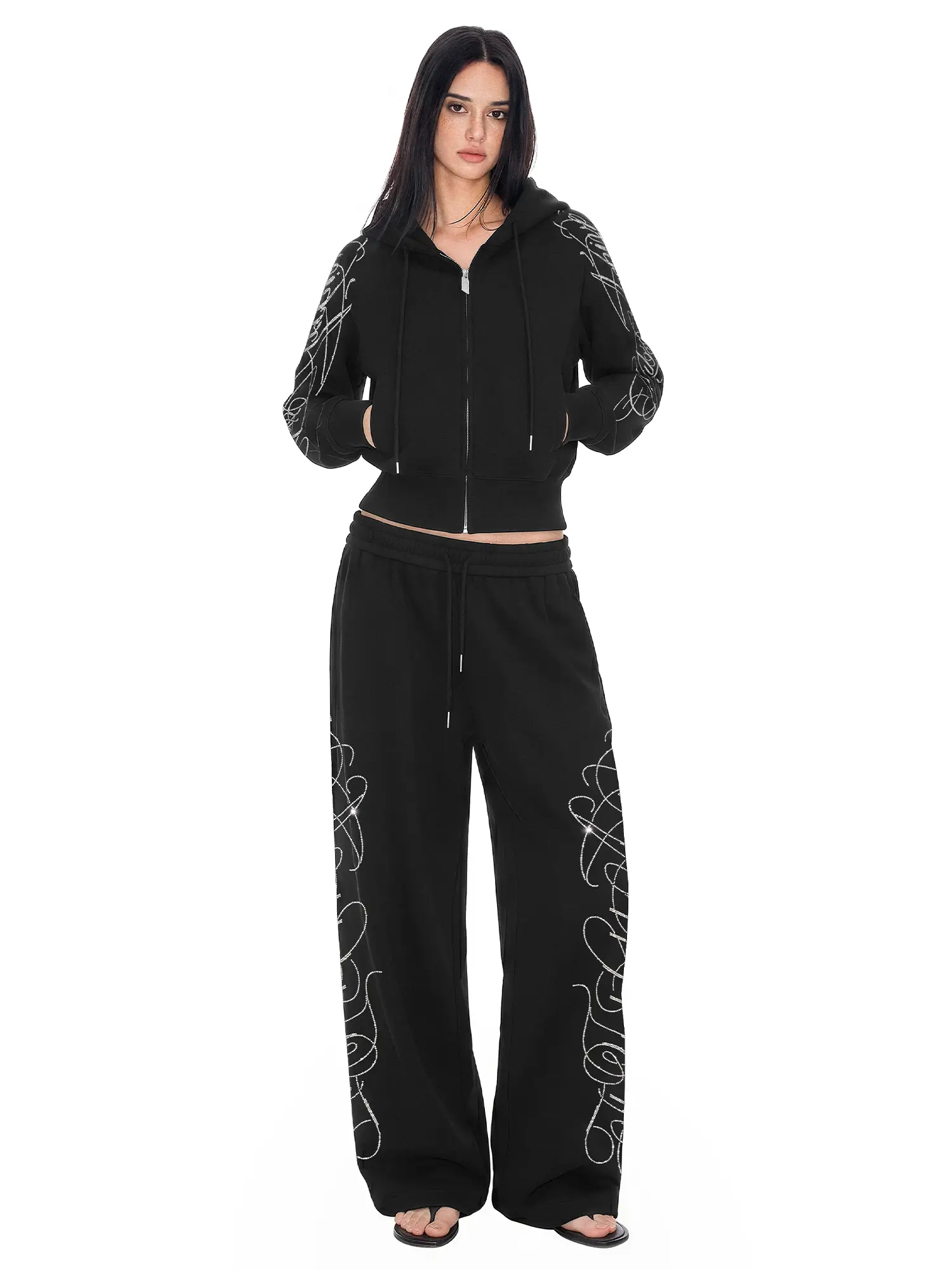FDR Women’s Rhinestone Handwritten Letter Hoodie & Sweatpants Set, Cropped Zip-Up Sweatshirt,Heavyweight Relaxed Fit Casual Two-Piece Outfit, Versatile Streetwear for Daily Wear