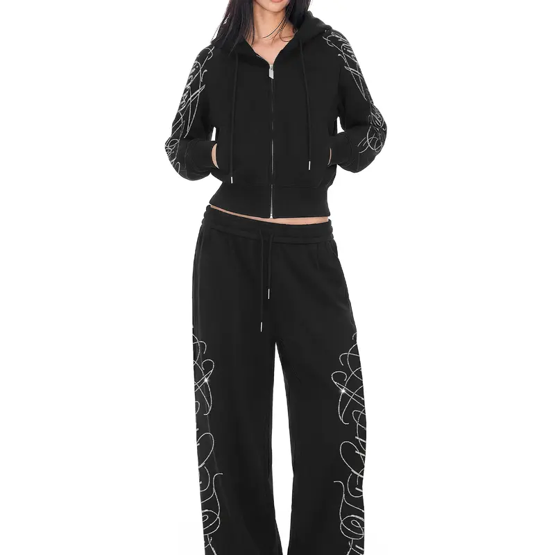 FDR Women’s Rhinestone Handwritten Letter Hoodie & Sweatpants Set, Cropped Zip-Up Sweatshirt,Heavyweight Relaxed Fit Casual Two-Piece Outfit, Versatile Streetwear for Daily Wear