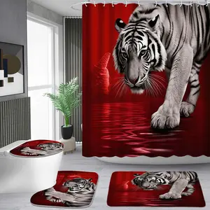 1/4 piece domineering white tiger pattern shower curtain set with red background, waterproof shower curtain with 12 hooks, non-slip bathroom carpet, toilet U-shaped cushion, toilet seat cover cushion, bathroom shower curtain set, perfect moving gift.