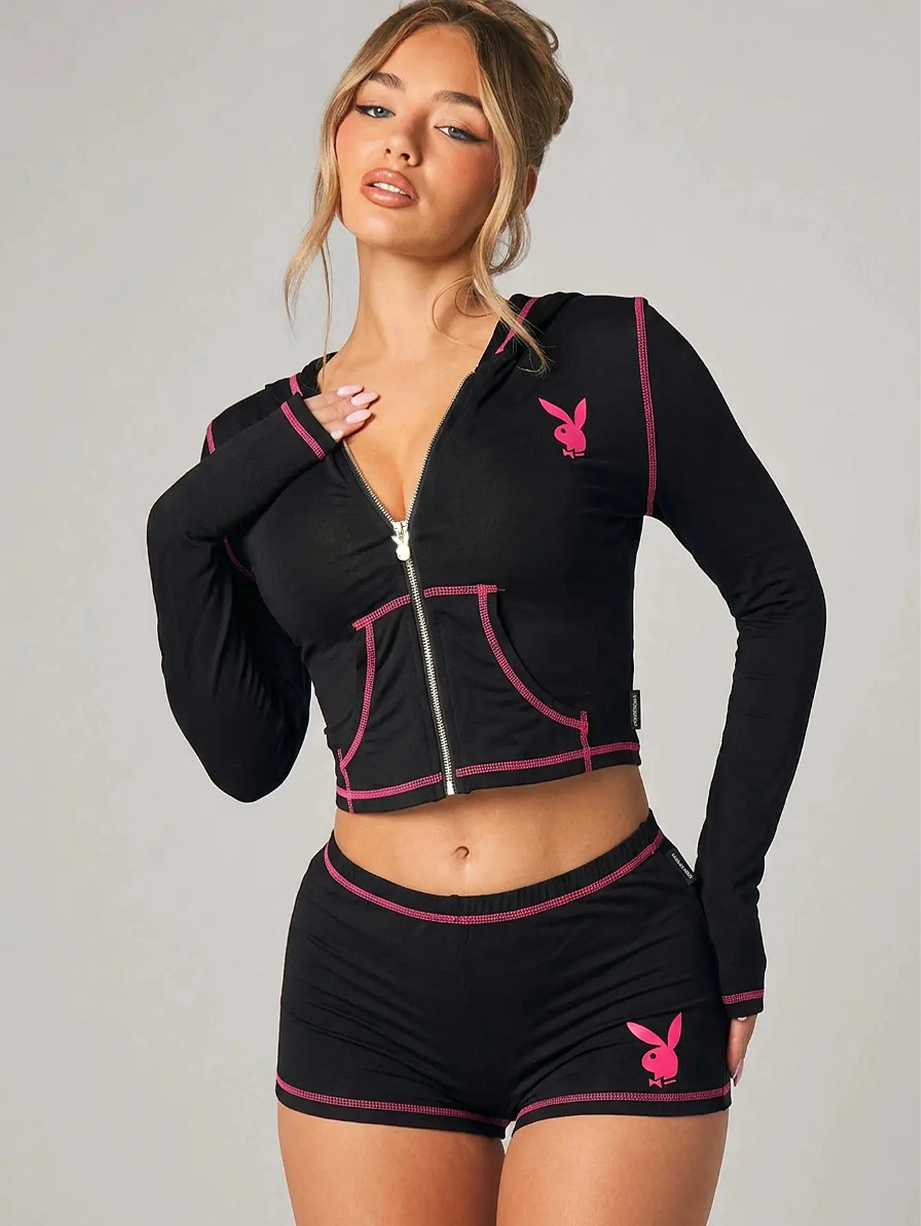 Missguided x Playboy Bunny Logo Cropped Zip Hoodie And Fitted Booty Shorts Two Piece Set With Contrast Pink Stitching Details Long Sleeve Activewear Tracksuit