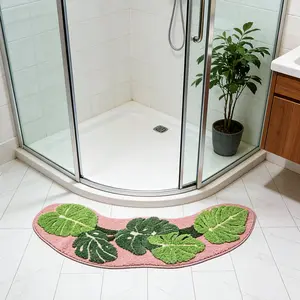Non-Slip Bathroom Floor Mat, Washable Soft Shower Rug, Fluffy Thick Water-Absorbent Microfiber, Leaf Pattern, 45x120cm