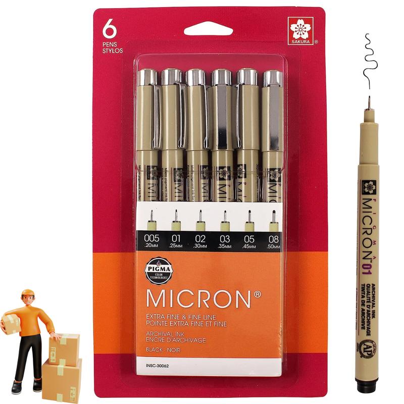 Fineliner Pens Archival Black Ink Waterproof & Bleed Free Assorted Point Sizes 005, 01, 02, 03, 05, 08 - 6 Pack for Writing, Drawing, Journaling