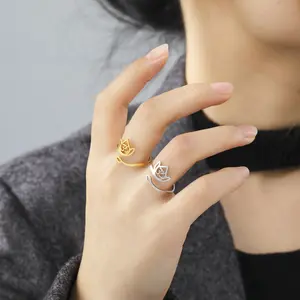 European and American vintage lotus ring for women, stainless steel adjustable finger ring, jewelry gift for lover or mother