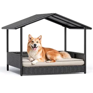 Warcat Wicker Dog House Outdoor Indoor Elevated Dog Shelter Dog Bed with Cushion, for Deck, Patio, Yard, Home February Faves February Stock Up