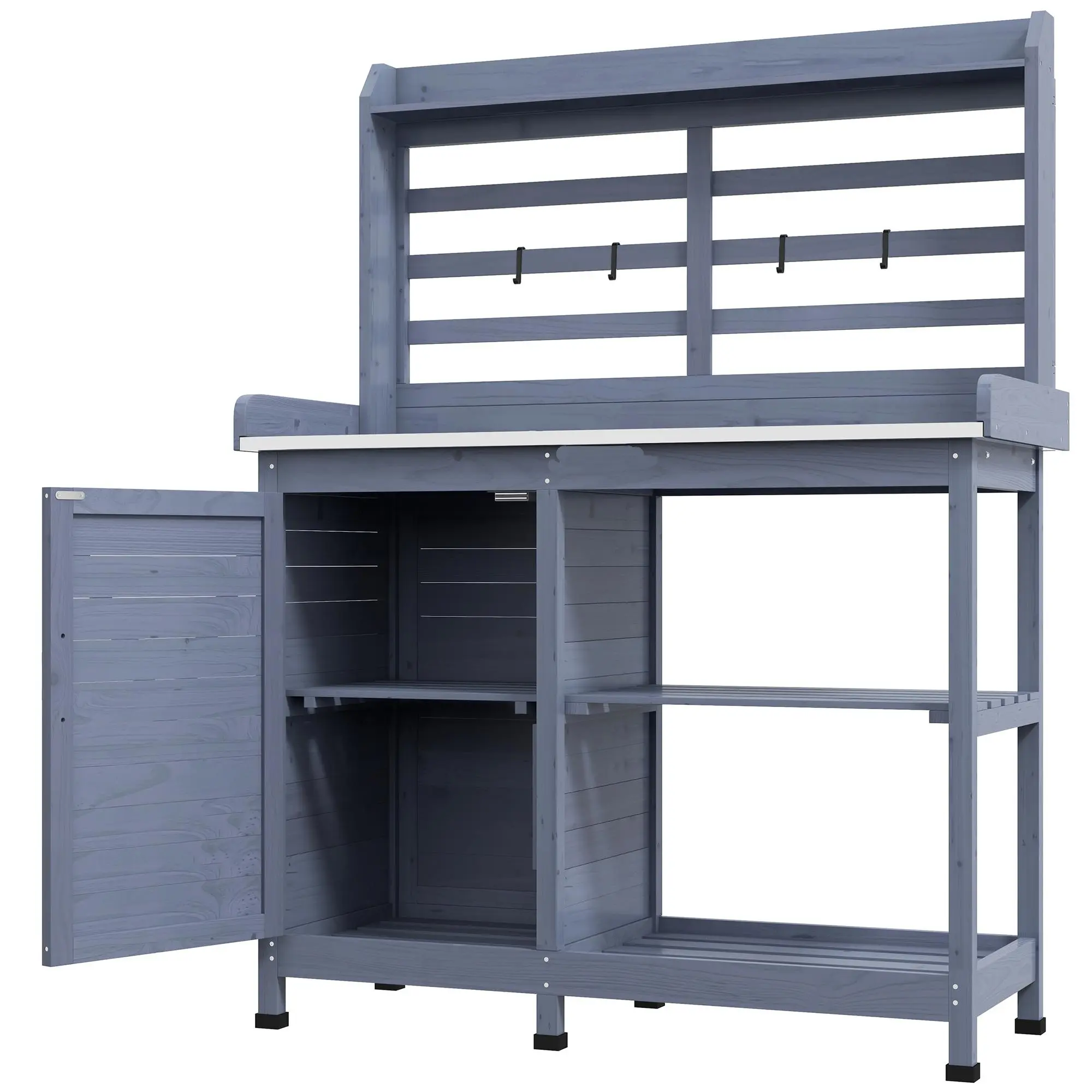 Gray Wooden Potting Bench with Aluminum Tabletop - Heavy-Duty Outdoor Gardening Workstation, Rust-Proof Surface, Storage Shelf & Drawer for Backyard, Patio