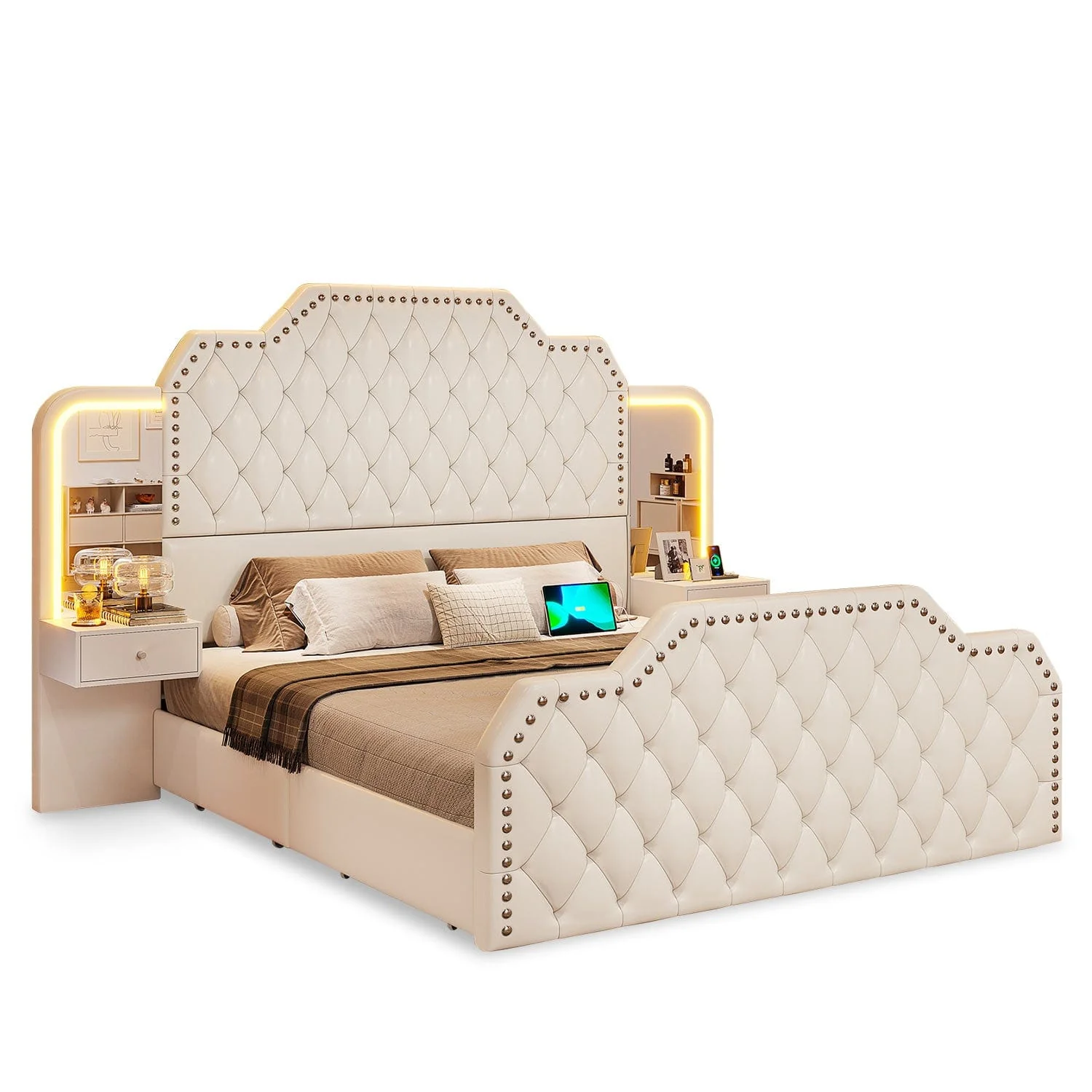 PU Leather Upholstered LED Bed Frame with 2 Nightstands White Bedframe Bedroom Furniture Headboard