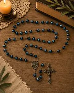 Miraculous Medal Rosary | Blue and Black Wood Beads with Bronze Finish | Catholic Rosary with Miraculous Medal Centerpiece | Marian Prayer Beads Gift