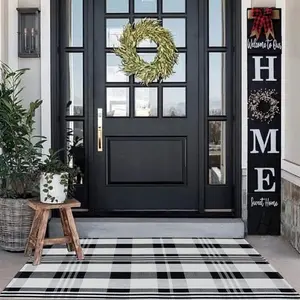 Buffalo Plaid Outdoor Rug Black and White Check Rug 35.4'' x 59''  Hand-Woven Checkered Front Welcome Door Mat Indoor/Outdoor Area Rug for Front Porch,Kitchen,Entry Way,Living Room