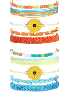 10Pcs VSCO Sunflower Beaded Bracelets for Women, Boho Beach Surfer Wave Bracelet, Adjustable Handmade Waterproof Wax Coated Rope Friendship Bracelets