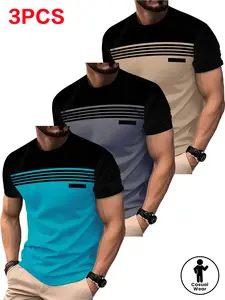 3-Pack Men’s Striped Short-Sleeve T-Shirts – Solid colors and striped designs, includes gray and turquoise. Breathable crew neck casual summer T-shirts with vertical striped cuffs. Machine washable, versatile casual wear suitable for the beach, office, an