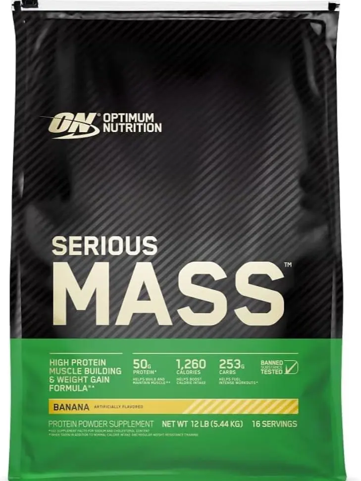 OPTIMUM NUTRITION Serious Mass Edible Dietary Instant Powder - 12 lb Banana Flavor, 50g Protein High Calorie Glutamine, Whey & Recovery Protein Supplement with 25 Vitamins & Minerals for Fitness Muscle Gain & Recovery, Glutamine Protein Supplements, Recov