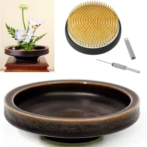 Japanese Classical Ikebana Vase Kit, Minimalist Ceramics Flower Pot Shallow Container with 2.4inch Flower Frog and 2-in-1 Flower Arrangement Kenzan Needle Straightening Tool