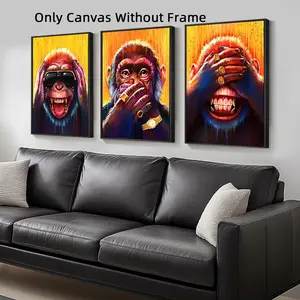 3Pcs Unframed Three Wise Monkeys Canvas Poster Print, Inspirational Wall Art, Funny Animal Posters, Modern Home Wall Decor, Artwork Wall Painting For Gift, Wall Picture for Living Room, Bedroom, Office, Wall Decor, Home And Dormitory Decoration