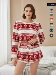 Women's Geometric Print Coral Fleece Loungewear Set, Fluffy Pajamas, Boho Long Sleeve Sleep Top & Pom Pom Decor Drawstring Shorts, Women's Sleepwear, Valentine's Day Gift for Girl