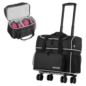 VEVOR Bowling Ball Bag, 2 Ball Four Roller Bowling Bag with Wheels, Featuring a Separate Compartment for Shoes (Up To US Size 16) & Oversized Accessory Pocket, Retractable Handle Extends to 37.4 in