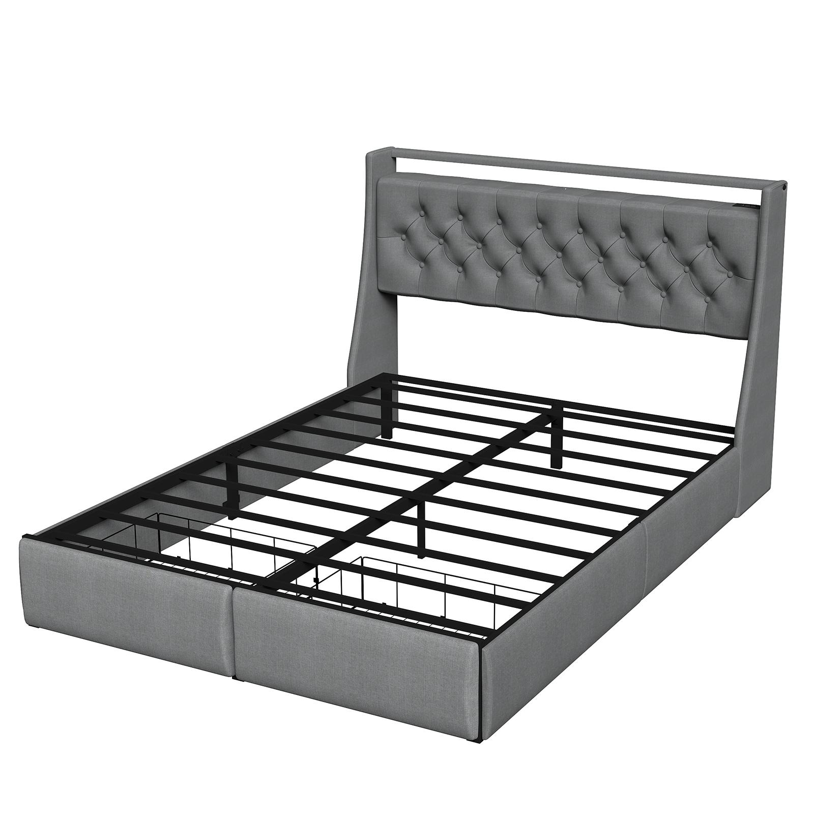 Full Size Bed Frame with Storage Headboard and 2 Drawer, Metal Full Bed Frame Platform with LED Light, Charging Station, No Box Spring Needed, Noise Free, Easy Assembly, Grey Full Size Bed Frame with Storage Headboard and 2 Drawer, Metal Full Bed Frame Platform with LED Light, Charging Station, No Box Spring Needed, Noise Free, Easy Assembly, Grey