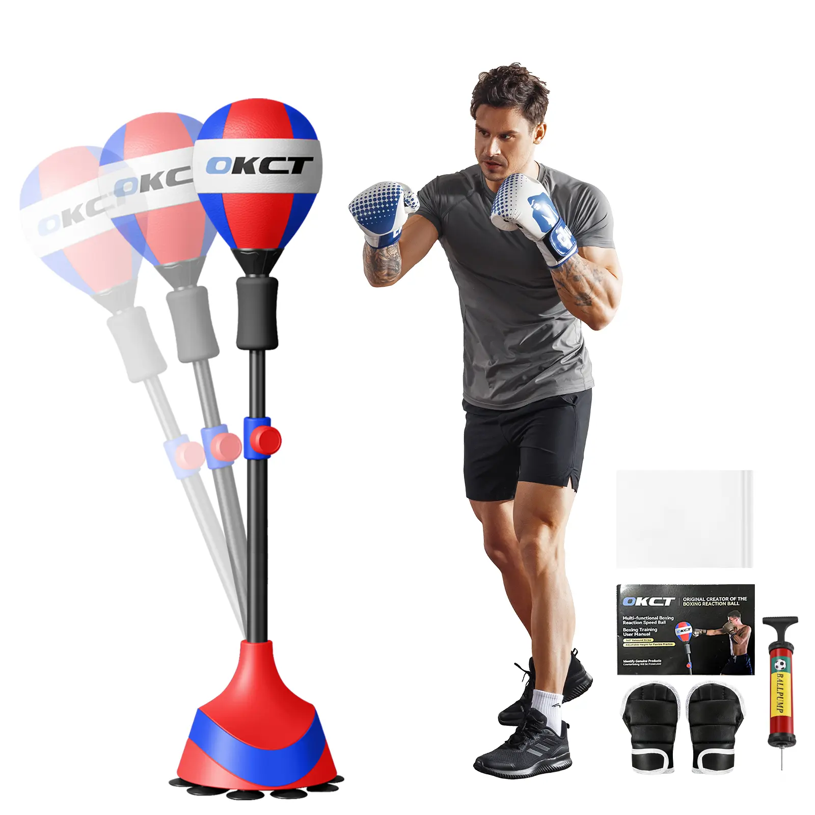 OKCT Freestanding Punching Bag, Height Adjustable with Boxing Reflex Ball, Home Fitness Equipment for Stress Relief, Comes with Floor Mat, Gloves & Air Pump, Suitable for Adults and Kids