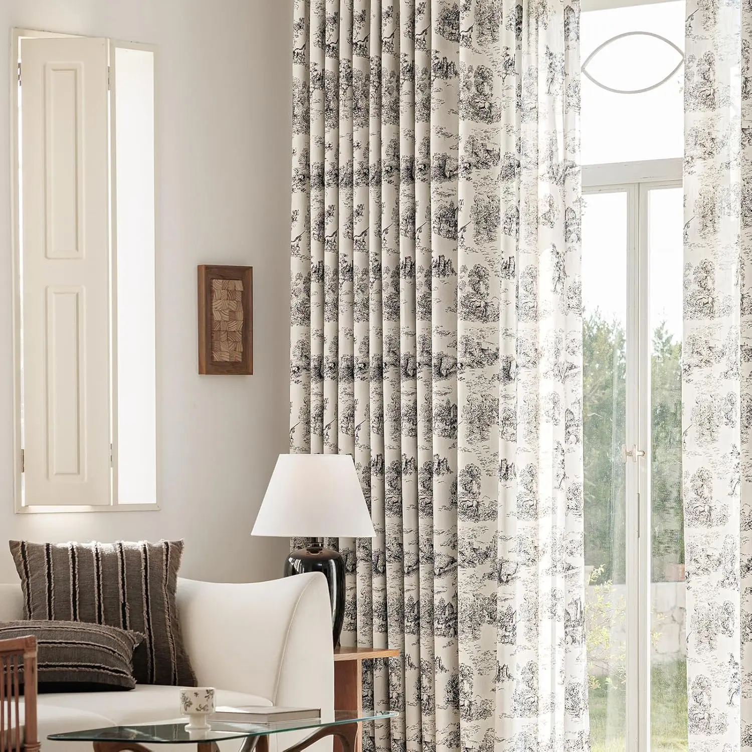 UOOSIN Toile de Jouy Blackout Curtains - Vintage French Castle Print Thermal Insulated Drapes for Bedroom Living Room W52 x L84 W52 x L96 inch 2 Panels Room Darkening Printed Black Castle Grommet Living Room Drapes