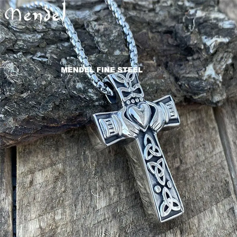 Stainless Steel Irish Celtic Trinity Knot Claddagh Cross Pendant Necklace