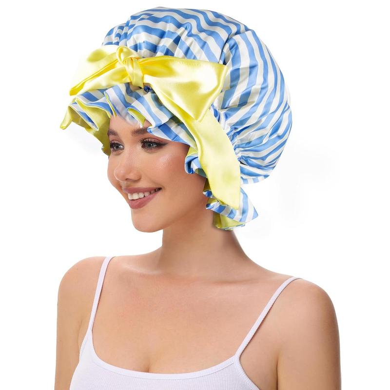 Silk Bonnet, Satin Hair Shower Cap for Sleeping Women 2025 Tie Band Adjustable Straps  Wrap for Curly Hair Blue Stripe F