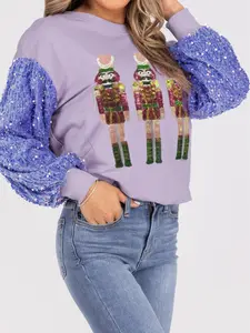 Women's Christmas Sequin Nutcracker Pattern Pullover Full Sequin Long Sleeve Loose Fit Curvy Sweater Sweatshirt Pink Polyester Festive Casual Top