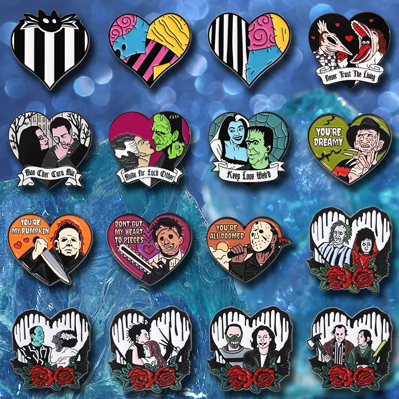 Unisex Gothic Heart Brooch Clip Set - 16-Piece Zinc Alloy Metal Enamel Badges for Clothing, Bags, Casual Wear, Christmas Party Look, Engagement Gift, Beach Use, Unisex Wear, Heart Motifs