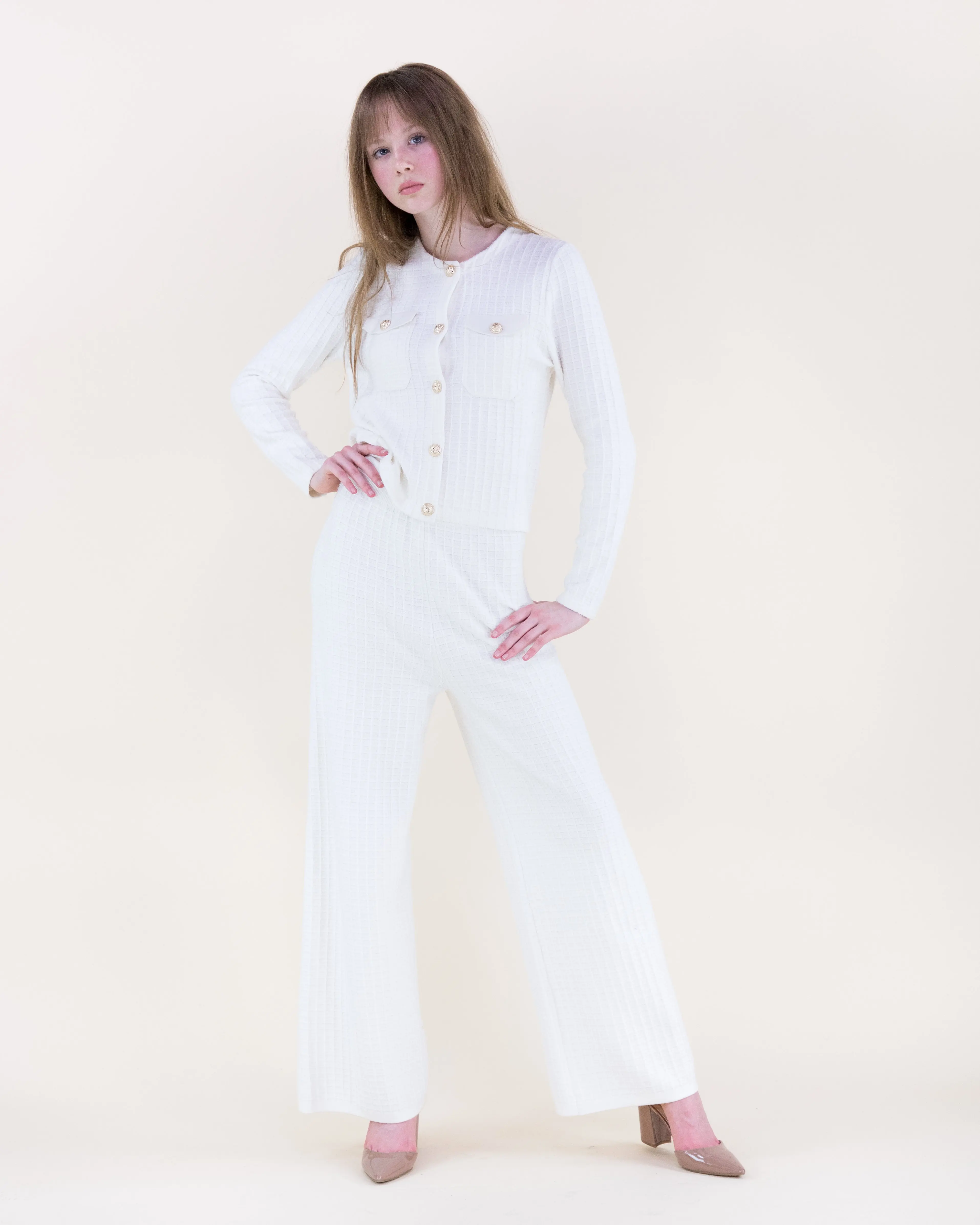 Two-Piece Set - Women’s Tailored Waffle Stitch Gold Button Boxy Cardigan & Wide Leg Knit Pants