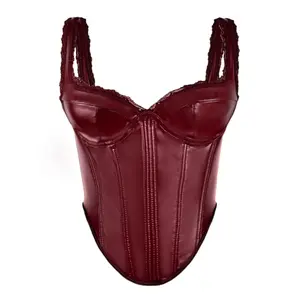 Women's Sleeveless Solid Color European-American Style Leather Lace Camisole Corset Top, Slim-Fit High-End Fishbone Clothes for Outerwear