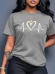Heartbeat & Gold Heart Women's Casual Short Sleeve Crew Neck Cotton T-Shirt – Bestselling Romantic Graphic Print, Heather Brown, Machine Washable Spring & Summer Top, Soft Skin-Friendly Fabric, Daily Versatile, Fashion Design