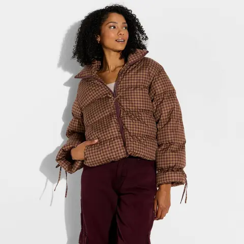 Wild Fable Women's High Neck Bow-Accent Light Polyester Fabric Full-Zip Long-Sleeve Bow Puffer Jacket, Banded Cuff, Pocket, Casual Fit, Machine Washable (Available in 1X, 2X, 4X)