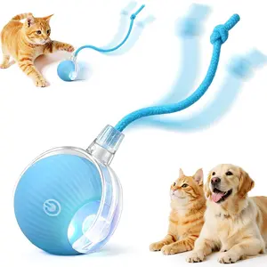 Interactive Electric Automatic Rolling Mobile USB Rechargeable Self-Start Game Stimulating Toy Smart Chasing Teasing Ball with Quick Tail Rope Suitable for Indoor Bored Adult Cats and Dogs, Blue