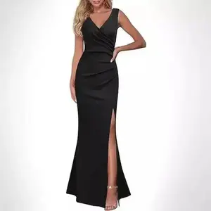 2025 New Women's Sleeveless V-neck Split Evening Dress Cocktail Long Bodycon Waist Dress