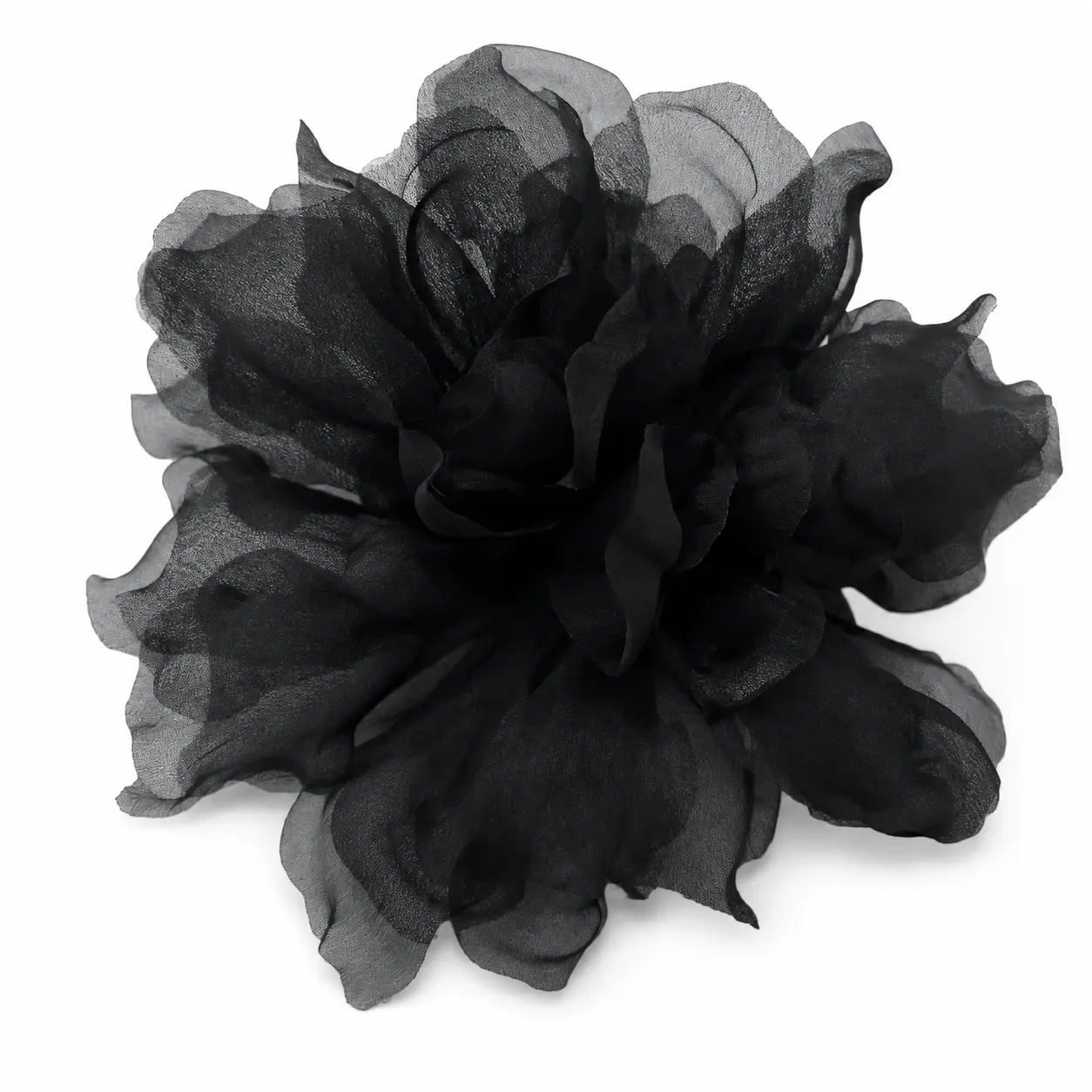 Gardenia Silk Organza Fabric Flower Brooch Pin 4.5" Black |  M&S Schmalberg Flowers Handmade in NY