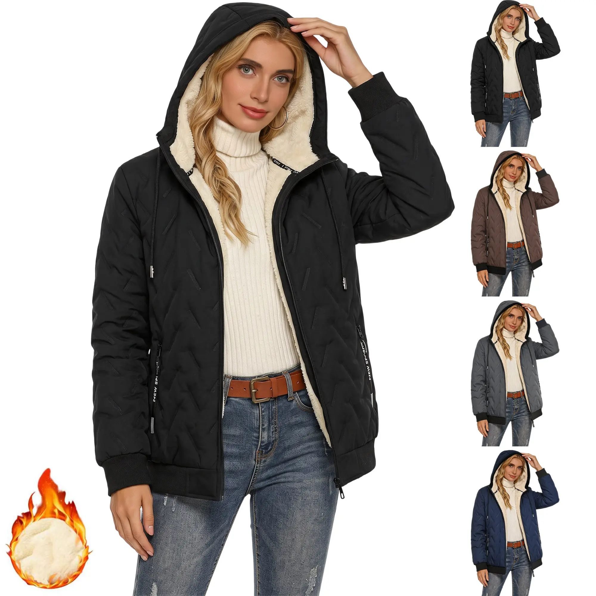 Women’s winter warm hooded jacket with ultra-thick, comfortable fleece lining that locks in heat, drawstring, ribbed elastic cuffs and hem, zippered pockets—suitable for everyday wear, hiking, commuting to work, and various other occasions.