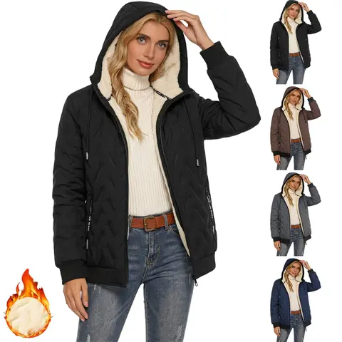 Women’s winter warm hooded jacket with ultra-thick, comfortable fleece lining that locks in heat, drawstring, ribbed elastic cuffs and hem, zippered pockets—suitable for everyday wear, hiking, commuting to work, and various other occasions.