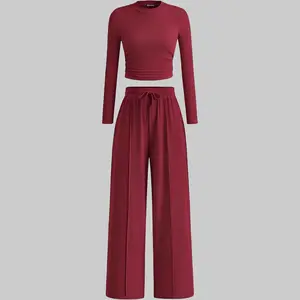 2-Piece Ribbed Knit Long Sleeve Crop Top Wide Leg Pants Matching Lounge Set Loungewear