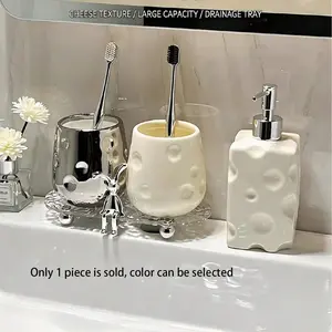 Large Capacity Non-Slip Ceramic Toothbrush Holder, //silver Color Cheese Texture, Luxury Bathroom Countertop Brush Cup