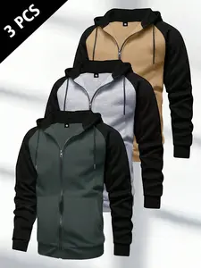3 Pcs Tide Men's Jacket Solid Colour Drawstring Pocket Zip Hooded Casual Sports Outdoor Walking Men's Jacket