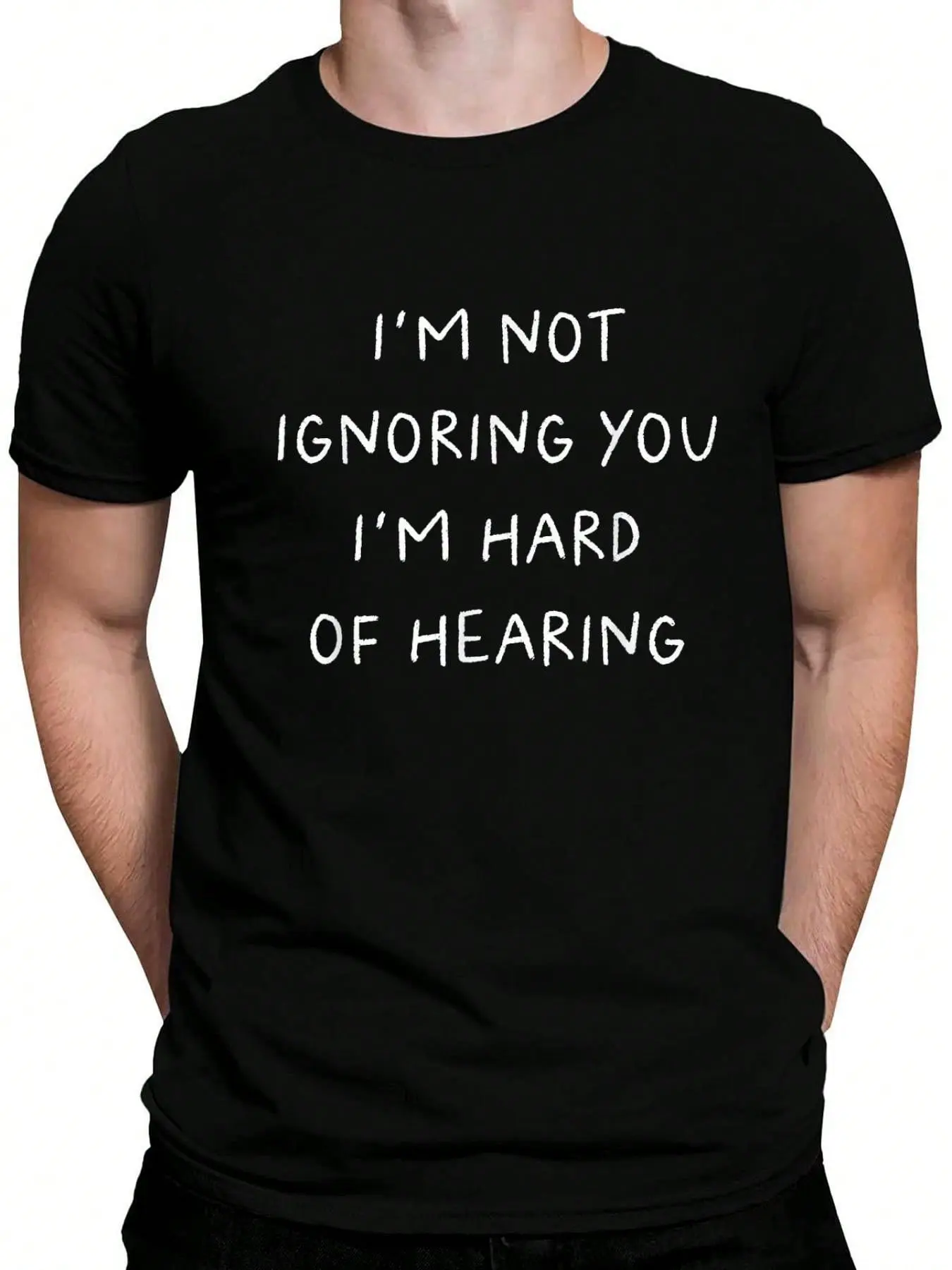 Men's 100% Cotton Short-Sleeve Casual Street Style Drip T-Shirt - Distressed Crew Neck, Casual Fit, "I'm Not Ignoring You I'm Hard Of Hearing" Humorous Text Funny Deaf Vintage Playful Print Summer Vacation Menswear Top