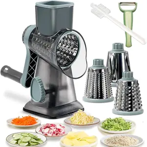 Rotary Cheese Grater Shredder with Handle Handheld Round Mandoline Vegetable Slicer Carrot Shredder Nut  with 3 Replaceable Stainless Steel Drum  and Upgrade  Suction, Grey/Cyan