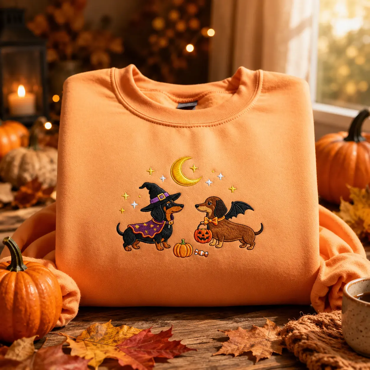 [Made in US] Embroidered Halloween Dachshund Sweatshirt Orange Halloween Dog Sweatshirt Dachshund Mom Gift Funny Dachshund Halloween Costume