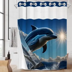 1pc Hookless Shower Curtain with Buckled Liner, Double-layered One with Waterproof Fabric Liner & See-through Window, 2D Flat Printed with Blue and White Dolphins Leaping out of the Sea, 71 x 74 Inches, Modern Home Curtain Decoration
