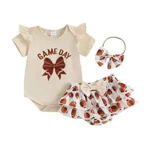 Infant Newborn Baby Girls Football Outfits 3Pcs Game Day Clothes Set Flying Sleeve Ruffle Game Day Romper Rugby Print PP Shorts Headband Sets
