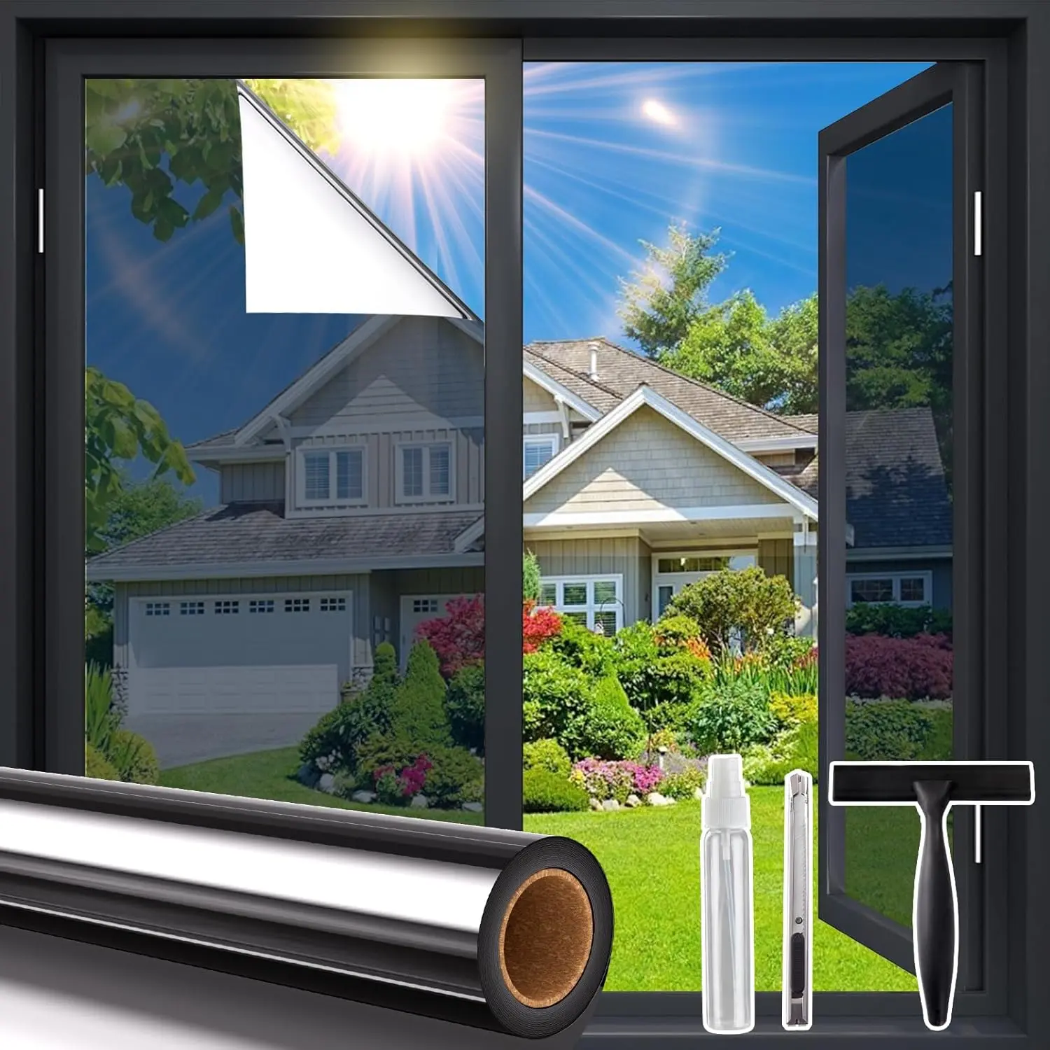 Home Window Privacy Film with Tools, 17.5"X78.7" 1-Way Reflective PET Cover, Heat Blocking, UV Control, Glare Reduction, Shatterproof Tint for Home Use, Black
