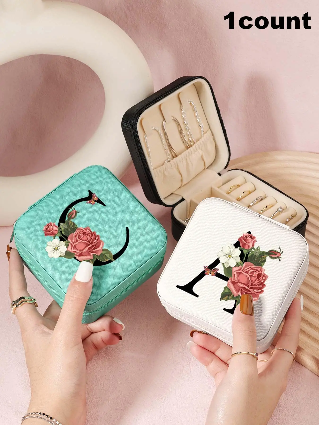 Initials Letter Pattern Jewelry Box, Portable Travel Jewelry Organizer, Lightweight & Durable Jewelry Storage Box for Rings, Necklaces, Earrings
